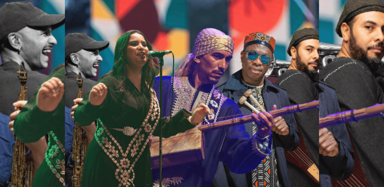 FUSION MAÂLEM MOHAMED BOUMEZZOUGH AVEC ANAS CHLIH, ALY KEÏTA, TAO EHRLICH, MARTIN GUERPIN, QUENTIN GHOMARI ET HAJAR ALAOUI AU FESTIVAL GNAOUA 2025